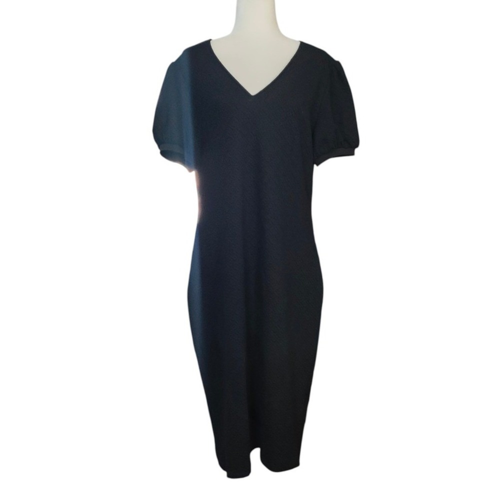 Saint + Sofia Black Midi Dress‎ Textured Jacquard Puff Sleeve V-Neck LBD Size 14